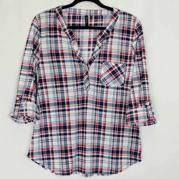 Alter Ego Tops - Lightweight Red White & Blue Plaid Shirt  2X